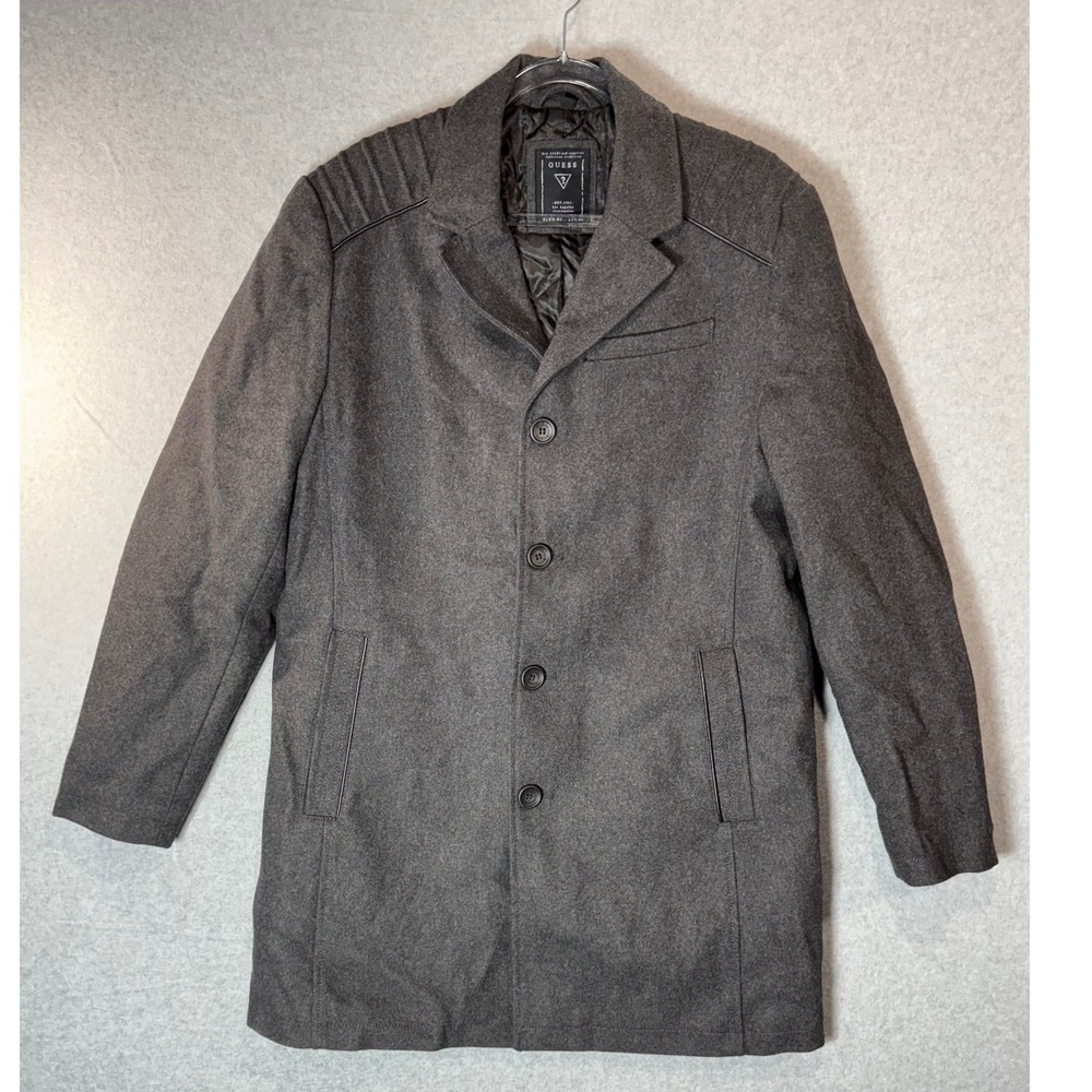 Guess Midi Winter Coat‎ Men's Large Gray Lined Pockets Notch Lapel Button Front